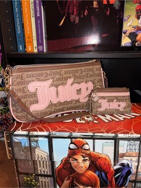 Juicy Couture Brown Shoulder Bag with Pink Logo and Card Holder
